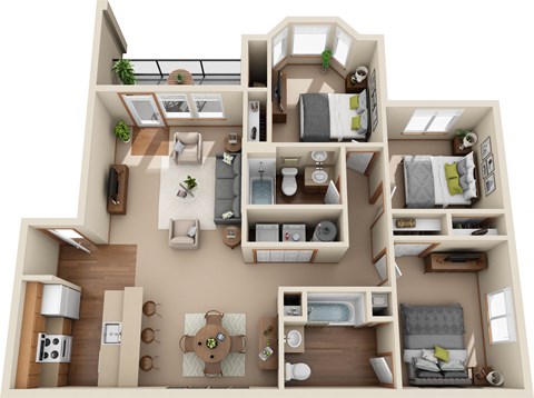 Floor plan for 3 beds, 2 baths, 1328 sqft